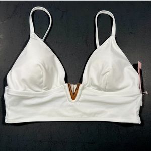 Victoria Secret Large L Bikini Top Long Line Bralette V Hardware Gold Tone White